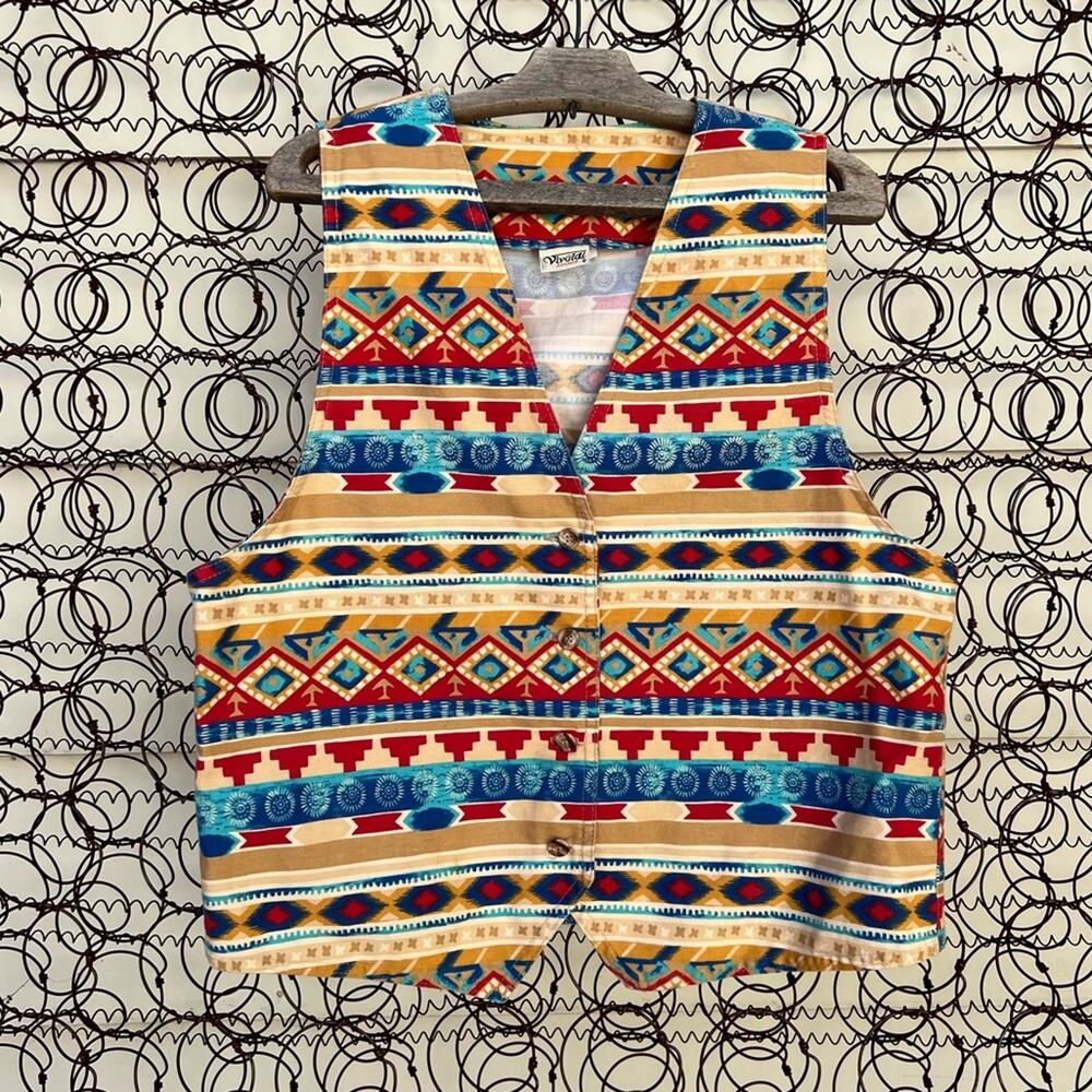 Vintage 90s Bold Aztec Southwestern Stripe Canvas Western Cowgirl Vest Vivaldi